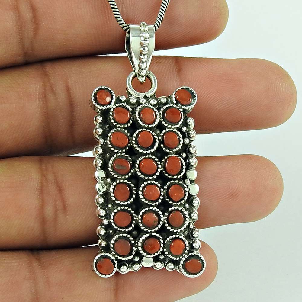 Natural Coral Gemstone Pendant Bohemian 925 Sterling Silver For Women I11