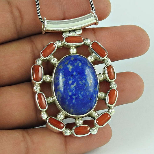 Gift For Women Pendant Tribal 925 Sterling Silver Natural Coral Gemstone R23
