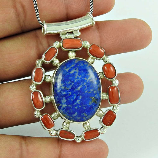 Natural Lapis Lazuli Gemstone Jewelry 925 Sterling Silver Pendant For Women J5
