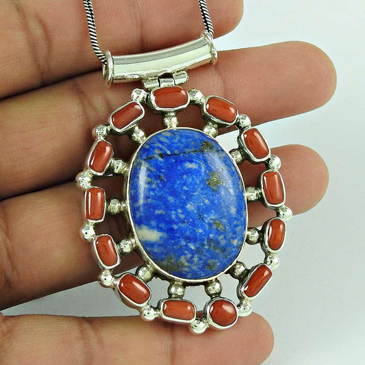 Natural Lapis Lazuli Gemstone Pendant Ethnic 925 Sterling Silver For Girls L46