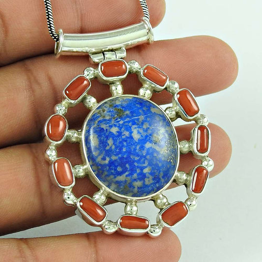 Birthday Gift For Her Natural Lapis Lazuli Gemstone Pendant Tribal 925 Silver Q3