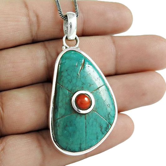 Natural Turquoise Gemstone Pendant Vintage 925 Sterling Silver For Women A7