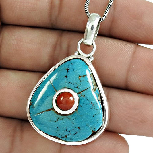 Natural Turquoise Gemstone 925 Sterling Silver Pendant Vintage For Girls R33