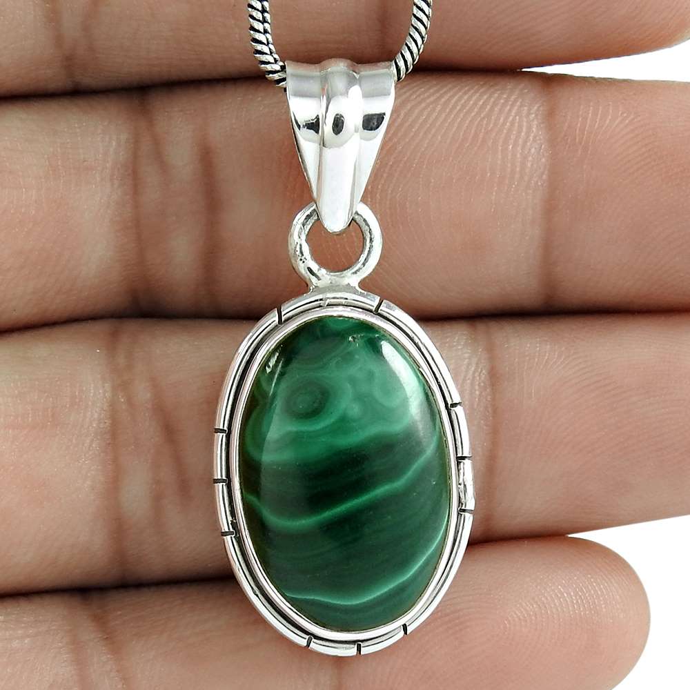 Natural Malachite Gemstone Pendant Boho Green 925 Sterling Silver Jewelry G28