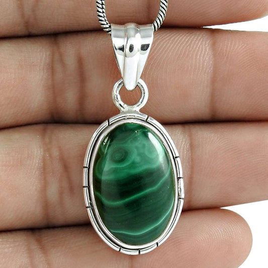 Natural Malachite Gemstone Pendant Boho Green 925 Sterling Silver Jewelry G28
