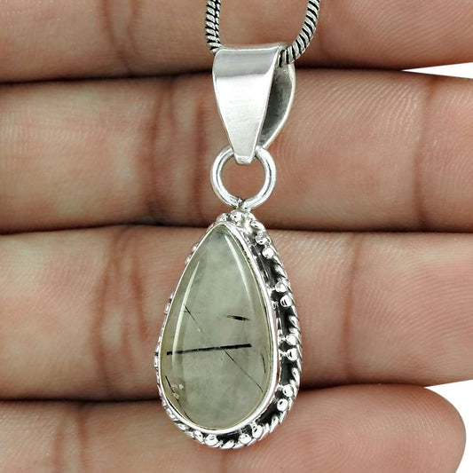Amusable 925 Sterling Silver Black Rutile Gemstone Pendant Traditional Jewelry D29