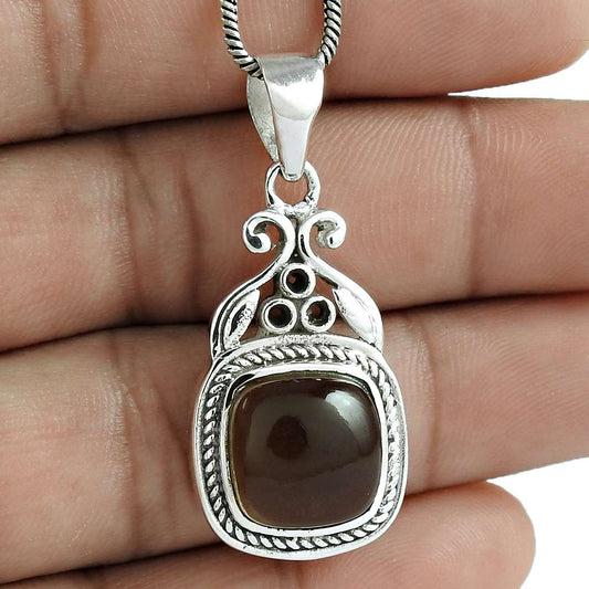 Natural Smoky Quartz Gemstone 925 Sterling Silver Pendant Bohemian For Women A14