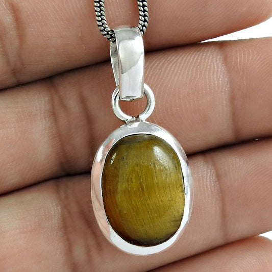 Natural Tiger'S Eye Gemstone Pendant Boho 925 Sterling Silver For Women D14