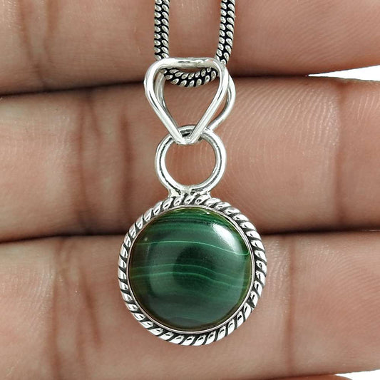 Natural Malachite Gemstone Pendant 925 Sterling Silver Indian Jewelry B11