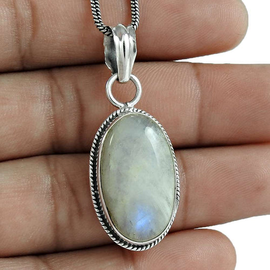 Gift For Women Pendant Bohemian 925 Silver Natural Rainbow Moonstone C37