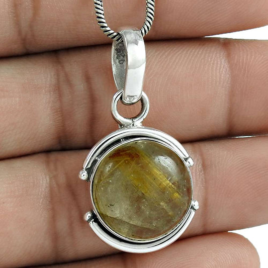 Natural Golden Rutile Gemstone Pendant Gold 925 Sterling Silver Jewelry F14