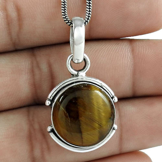 Natural Tiger'S Eye Gemstone Pendant Vintage 925 Sterling Silver For Girls M7