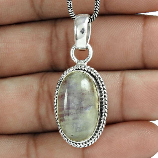 Gift For Her Natural Rainbow Moonstone Pendant Bohemian 925 Silver P7
