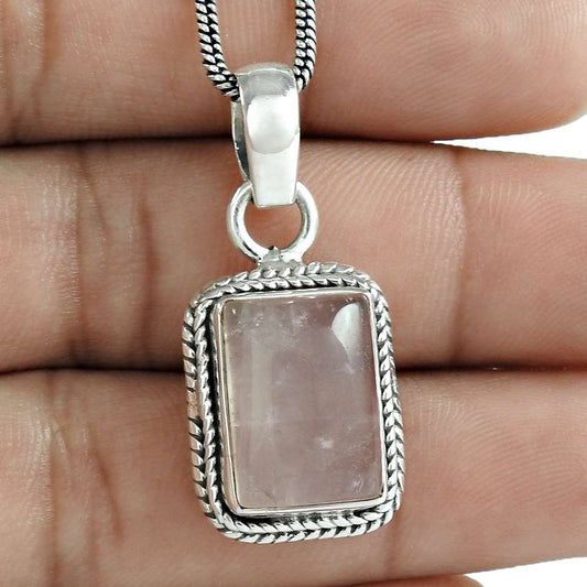 Natural Rose Quartz Gemstone 925 Sterling Silver Pendant Ethnic For Women Q3