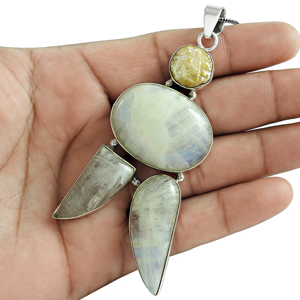 Christmas Gift 925 Silver Natural Rainbow Moonstone Gemstone Pendant Ethnic T2