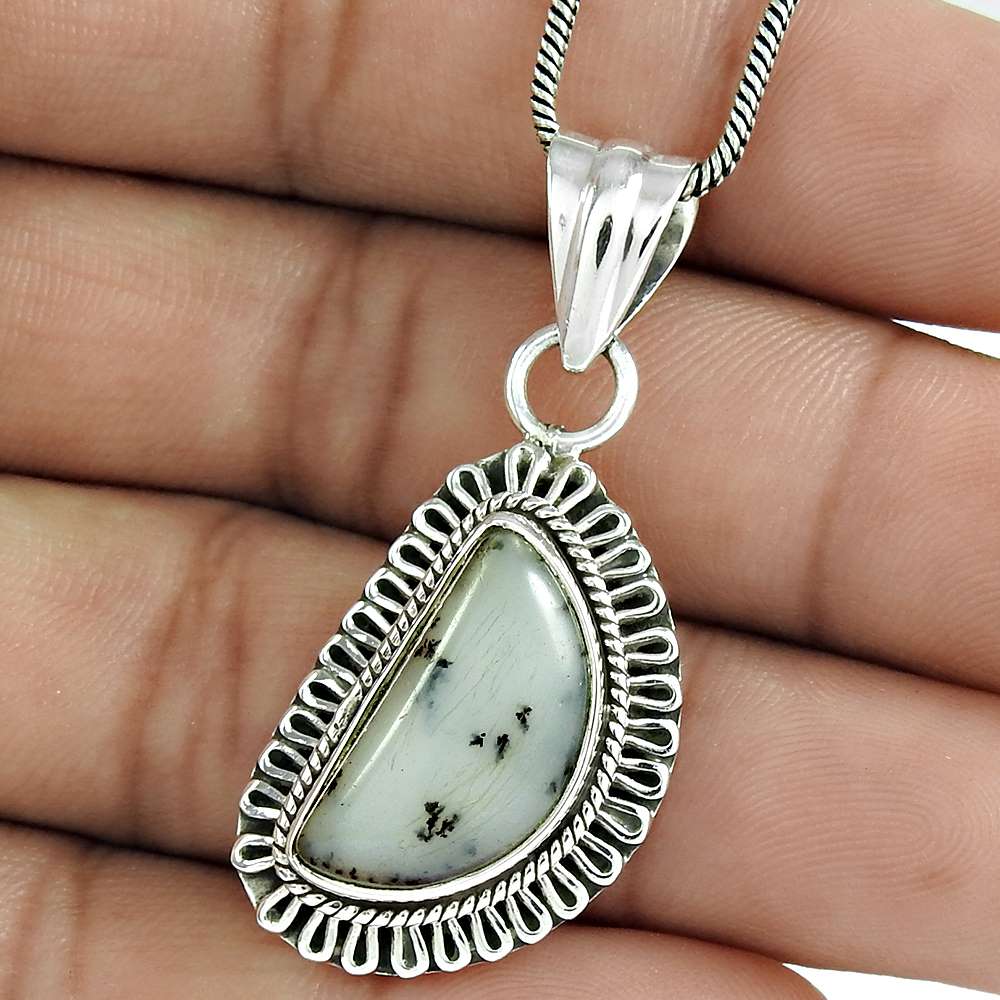 Natural Dendritic Agate Gemstone Pendant Tribal 925 Sterling Silver For Women M5