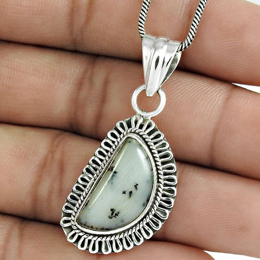 Natural Dendritic Agate Gemstone Pendant Tribal 925 Sterling Silver For Women M5