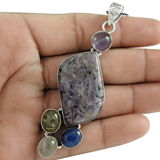 Christmas Gift 925 Silver Natural Charoite Gemstone Pendant Tribal V2