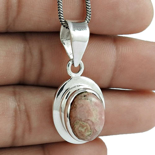 Natural Rhodochrosite Gemstone Pendant Boho Pink 925 Sterling Silver Jewelry S7