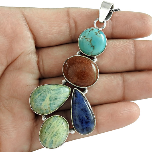 Christmas Gift Natural Turquoise Gemstone Pendant Bohemian 925 Silver X2