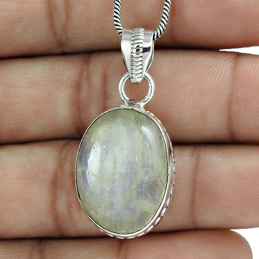Gift For Her 925 Silver Natural Rainbow Moonstone Gemstone Pendant Vintage G8