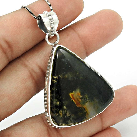 Gift For Her 925 Silver Natural Moss Agate Gemstone Pendant Bohemian F32