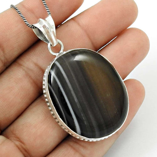 Natural Striped Onyx Gemstone 925 Sterling Silver Pendant Vintage For Girls I32