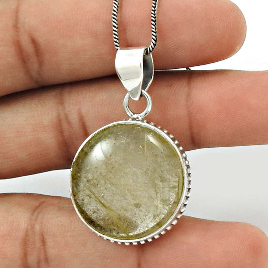 Birthday Gift For Her Natural Golden Rutile Quartz Pendant Boho 925 Silver O32