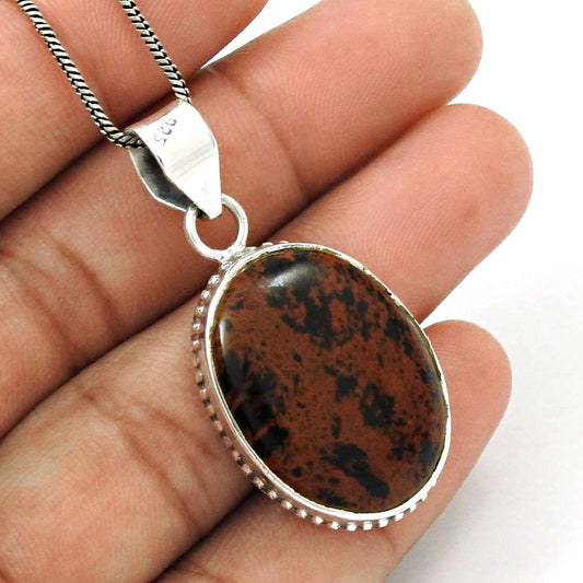 Natural Mahogany Obsidian Gemstone Pendant Vintage 925 Silver For Women R32