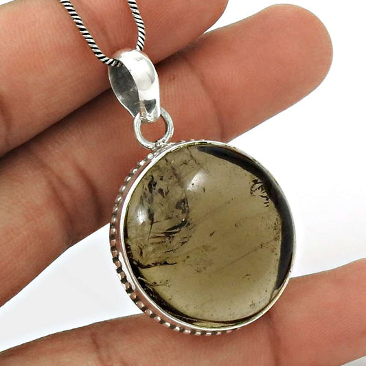 Natural Smoky Quartz Gemstone 925 Sterling Silver Pendant Vintage For Women X32