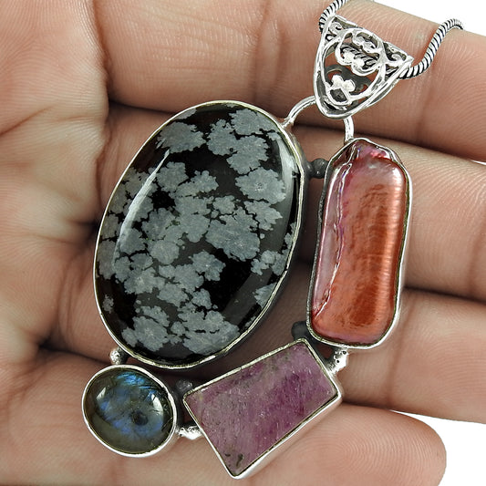 Christmas Gift Pendant Tribal 925 Silver Natural Snowflake Obsidian Gemstone Z2