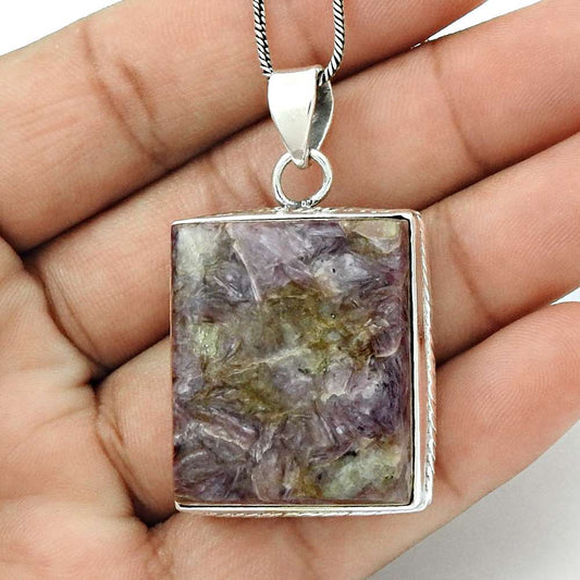 Anniversary Gift For Her Natural Charoite Gemstone Pendant Boho 925 Silver Z32