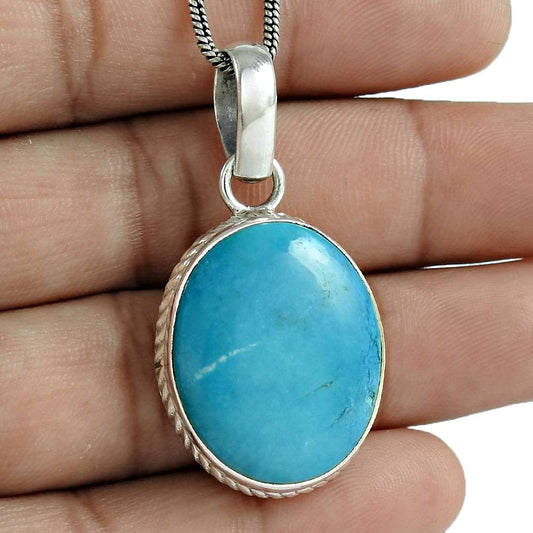 Anniversary Gift For Her Natural Turquoise Pendant Bohemian 925 Silver V7