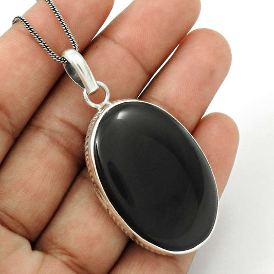 Natural Black Onyx Gemstone Pendant Boho 925 Sterling Silver For Girls F33