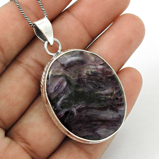 Anniversary Gift For Her Natural Charoite Pendant Bohemian 925 Silver G33