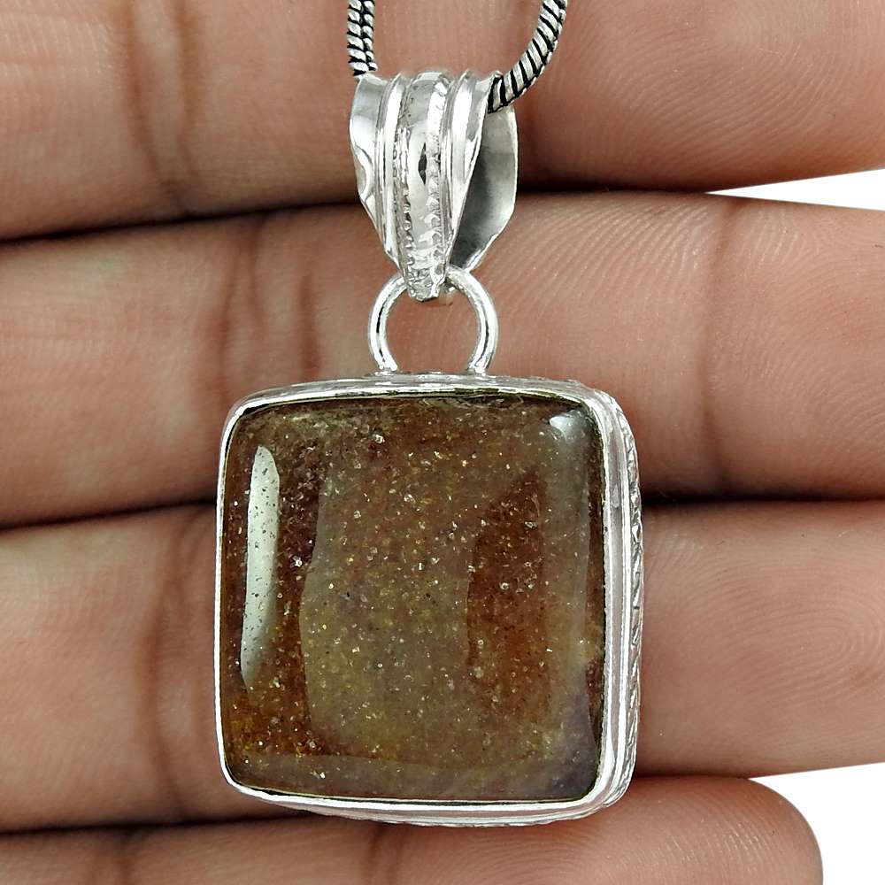 Halloween Gift Natural Sunstone Gemstone Jewelry 925 Sterling Silver Pendant I11