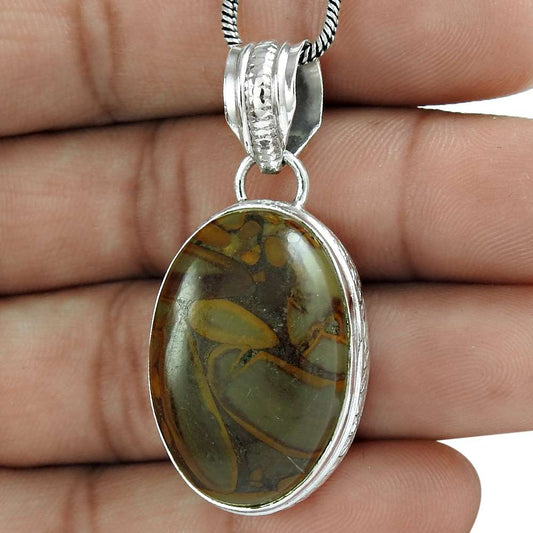 Natural Chinese Writing Gemstone Pendant 925 Sterling Silver For Women V6