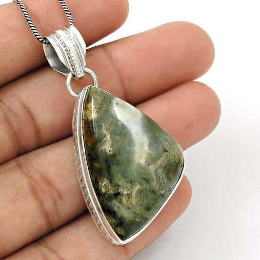 Natural Ocean Jasper Gemstone Pendant Ethnic 925 Sterling Silver For Girls U33