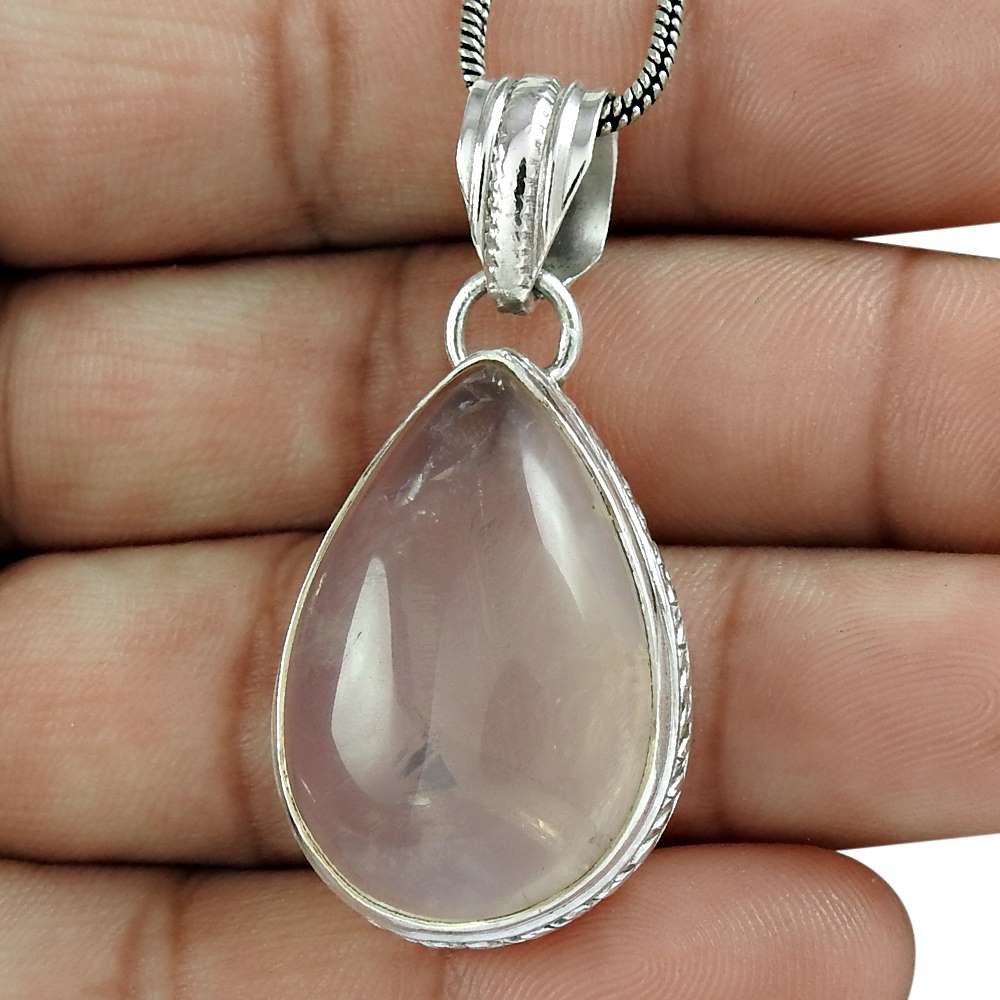 Halloween Gift Natural Rose Quartz Pendant Vintage 925 Sterling Silver I6