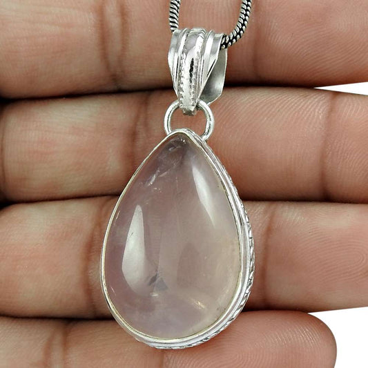 Halloween Gift Natural Rose Quartz Pendant Vintage 925 Sterling Silver I6