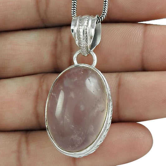 Natural Rose Quartz Gemstone Pendant Boho 925 Sterling Silver For Girls U19