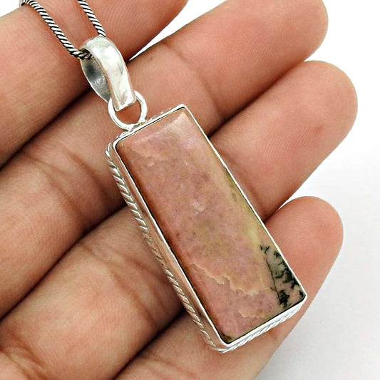 Natural Rhodonite Gemstone Pendant Tribal Pink 925 Sterling Silver Jewelry B34