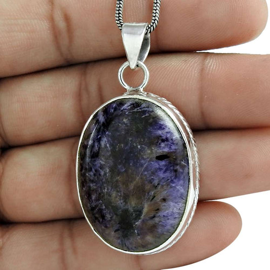 Natural Charoite Gemstone 925 Sterling Silver Pendant Vintage For Women H8