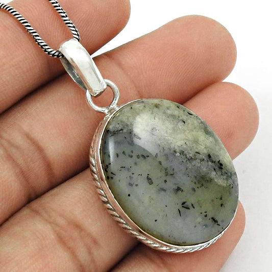 Natural Dendritic Agate Gemstone Pendant Vintage Gray 925 Sterling Silver R34