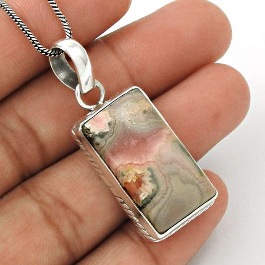 Natural Rhodochrosite Gemstone Pendant Bohemian Pink 925 Sterling Silver U34
