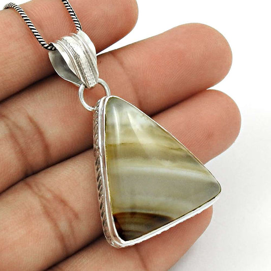 Natural Striped Onyx Gemstone 925 Sterling Silver Pendant Vintage For Women D35