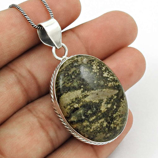 Natural Crinoid Fossil Gemstone Pendant Boho Gray 925 Sterling Silver F35
