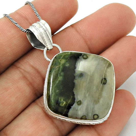 Natural Ocean Jasper Gemstone Pendant Ethnic Green 925 Sterling Silver I35