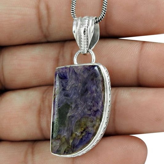 Natural Charoite Gemstone Pendant Vintage Purple 925 Sterling Silver Jewelry P2