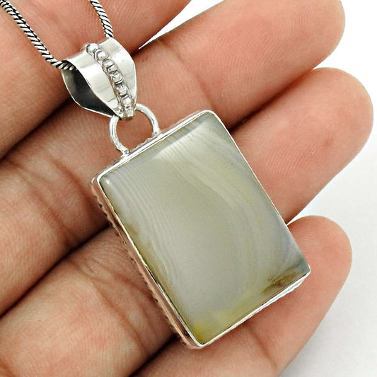 Natural Botswana Agate Gemstone Pendant Vintage 925 Silver For Women J35